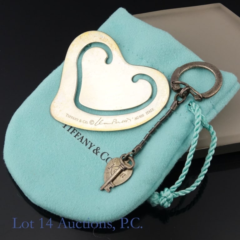 Silver Tiffany & Co E. Peretti Bookmark, Keyring: Sterling silver Engraved bookmark (J B K with date 4.29.17). Marked "Tiffany & Co. Elsa Peretti (signature) AG925 Italy". Weight: 10.0 grams. Some wear and tarnish. Includes Tiffany & Co blue bag. Key