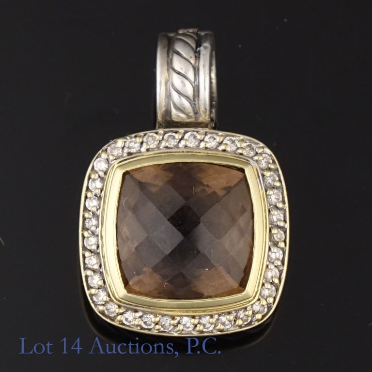 David Yurman Silver 18k Gold Albion Pendant: Pendant with large brown stone (electronically tested as quartz) showing checkerboard faceting,. Marked "925 D.Y. 750". Small pave stones surrounding the quartz test electronically as diamond. Total w