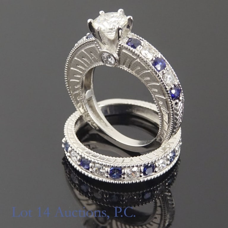 Platinum Diamond & Sapphire Ring Set w/ ID: Set of two size 7 bridal style rings made with platinum, decorated with 12 diamonds and 12 sapphires (1.00 cttw center diamond, 0.92 cttw diamond sidestone, and 0.95 cttw blue sapphire). Total weight