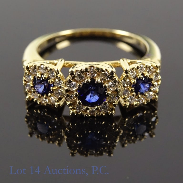 14k Yellow Gold Diamonds & Sapphires Ring w/ ID: Size 7 ring made with 14k yellow gold, decorated with three lab created sapphires and 36 melee diamonds (0.78 cttw sapphires, 0.84 cttw diamonds). Total weight of ring is approximately 3.97g.