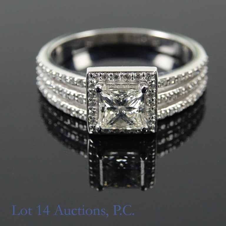 14k White Gold Diamond Engagement Ring w/ ID: Size 6.5 princess cut engagement ring made with 14k white gold, decorated with diamonds (0.75 ct center stone, 0.45 cttw surrounding diamonds). Total weight of ring is approximately 3.93g.