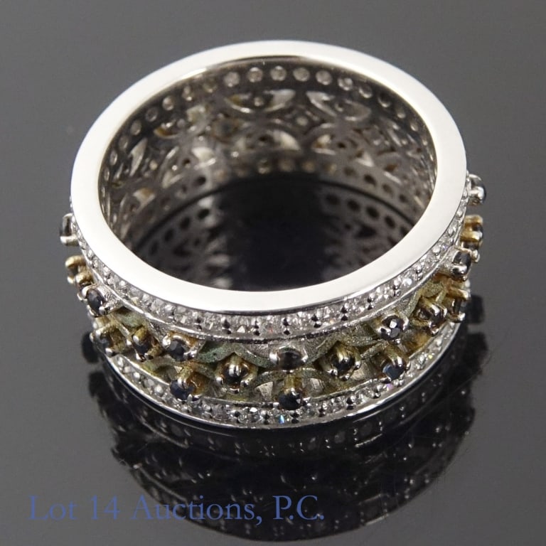 14k White Gold Band Ring w/ Diamonds & Sapphires: Size 5.5 band ring made with 14k white gold, decorated with small diamonds and sapphires (approximately 0.76 cttw diamonds, 0.47 cttw sapphires). One diamond appears to be missing from its place, poss