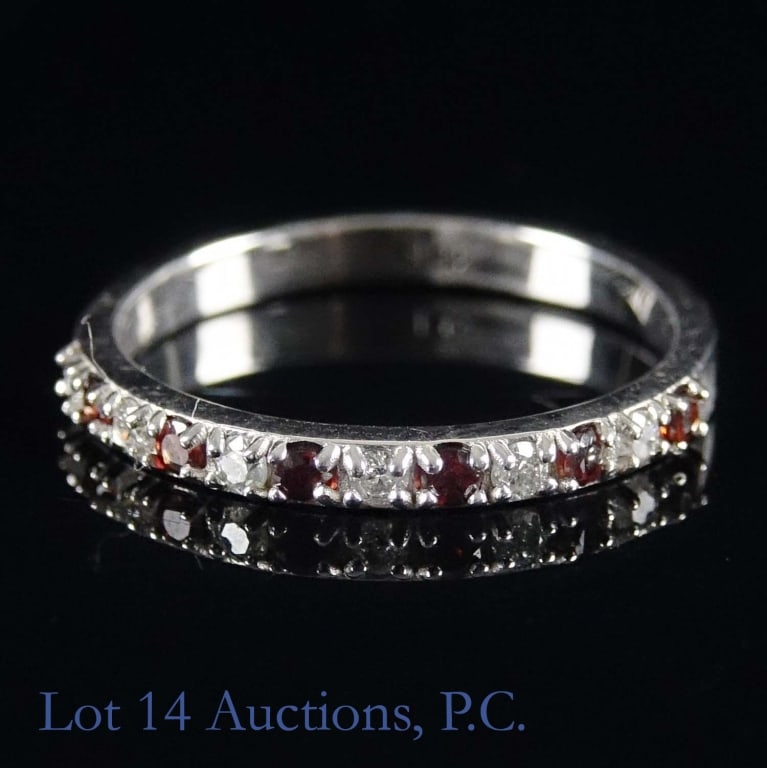 14k White Gold Diamond & Garnet Ring w/ ID: Size 6.5 ring made with 14k white gold, decorated with 6 garnets and 6 diamonds (0.19 cttw garnets, 0.18 cttw diamonds). Total weight of ring is approximately 1.9g. Identification and appraisal
