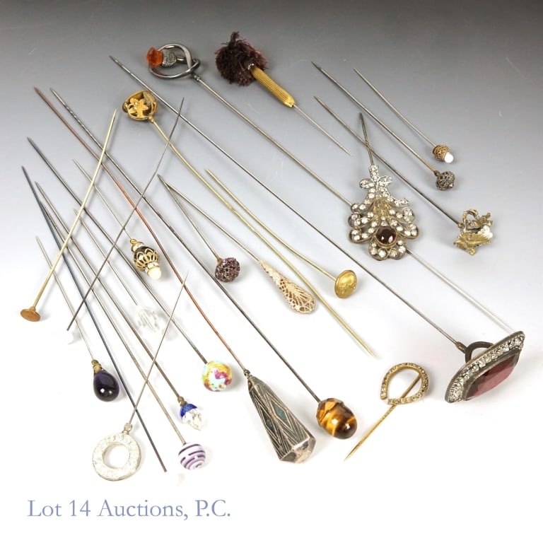 Hat Pin Assortment, Sterling Silver, Antique, 24: Assortment of TWENTY-FOUR (24) vintage and antique hat pins, including one sterling silver. The longest is 12.5", and the shortest is 2.25". Long pin with tapered hexagonal shape is marked sterling an