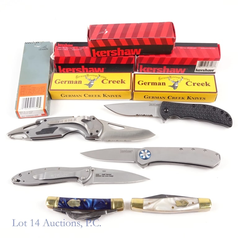 Kershaw, Gerber, German Creek Pocket Knives (6): Three (3) Kershaw pocket knives - 3871 Amplitude, 1660 Leek, and 3650ST Volt II. *** Gerber F.A.S.T. 3.0 pocket knife. *** Two (2) German Creek pocket knives. *** All knives in original boxes.