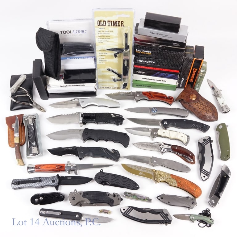 Pocket Knives (31): Thirty one (31) various pocket knives - Browning, Steinbrucke, Tac-Force, S-Tec and more. Most knives in original boxes, few in sheaths. See photos for details and selection.