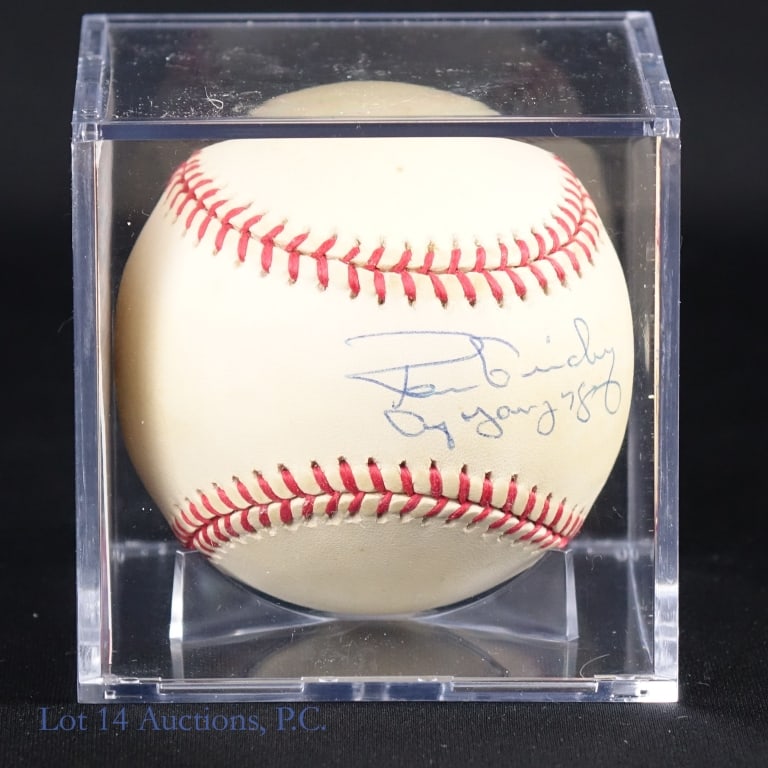 Ron Guidry "78 Cy Young" Signed Baseball PSA COA: Official American League (Budig) baseball signed by Ron Guidry. Guidry use a blue pen to carefully sign across the sweet spot. He also added the inscription "78 Cy Young". This vintage baseball does h