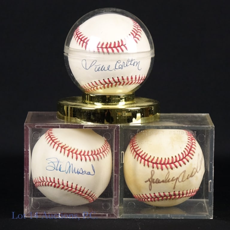 Musial Carlton Anderson Signed Baseballs No COA's: Three single signed baseballs of HOF members. Signatures include an Official NAtional League (White) baseball signed across the sweet spot by Steve Carlton *** Official American League (Brown) basebal