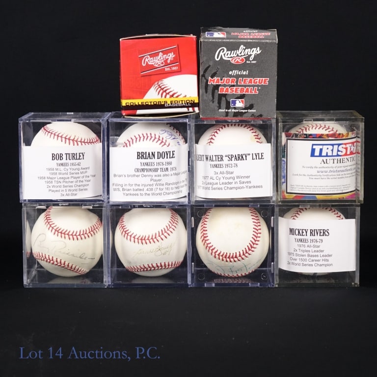 NY Yankees Signed Baseballs Some With COA's (10): Assortment of 10 single signed baseballs from former New York Yankees. You will find signed baseballs from the following players: OML Selig signed by Sparky Lyle and inscribed "77 AL CY" with TriStar