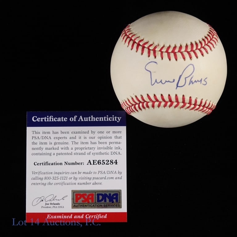 Cubs Ernie Banks Signed Baseball PSA COA: ONL White baseball signed across the sweet spot by Ernie Banks. Banks used a blue ballpoint pen to place a beautiful signature across the sweet spot. The ball has an even off white color and the signa
