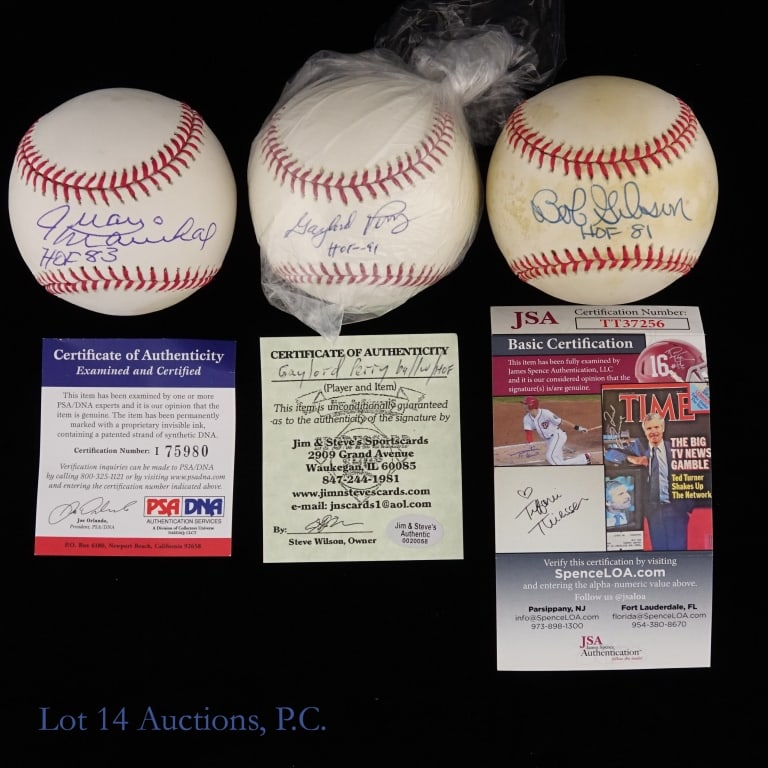 6 Baseballs Signed By HOF Pitchers W/COA's: Six assorted single signed baseballs from HOF pitchers. Included in this lot you will find OML Selig baseball signed across the sweet spot by Juan Marichal inscribed "HOF 83" with PSA COA (cert