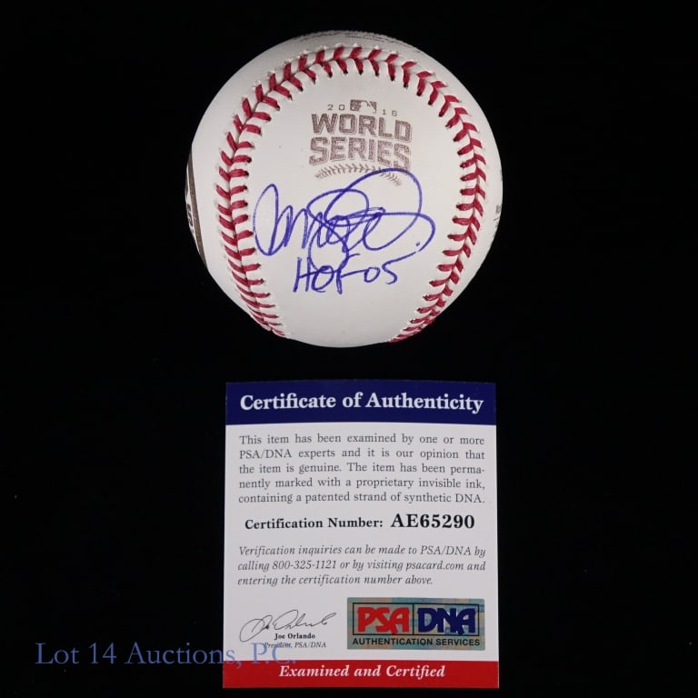 Ryne Sandberg "HOF 05" Signed Baseball PSA COA: Official 2016 World Series baseball signed on a side panel directly beneath the 2016 World Series logo by Ryne Sandberg. Sandberg signed with a blue ballpoint pen and added the inscription "HOF 05" to