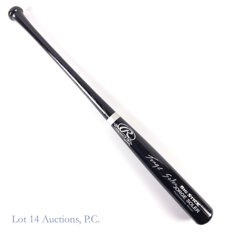 Jorge Soler Signed Professional Model Bat PSA COA: Rawlings Professional Model bat signed by Jorge Soler with a silver marker. The signature has been authenticated by PSA/DNA (cert number R28614 which we verified on the PSA web site).