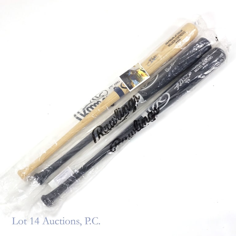 Cubs Contreras Montero Buckner Auto'd Bats (3): Assortment of three baseball bats each signed by a former Cubs player. Included in this collection is a Rawlings Pro style bat signed by Bill Buckner with a PSA sticker (cert number AK23115) *** Rawli
