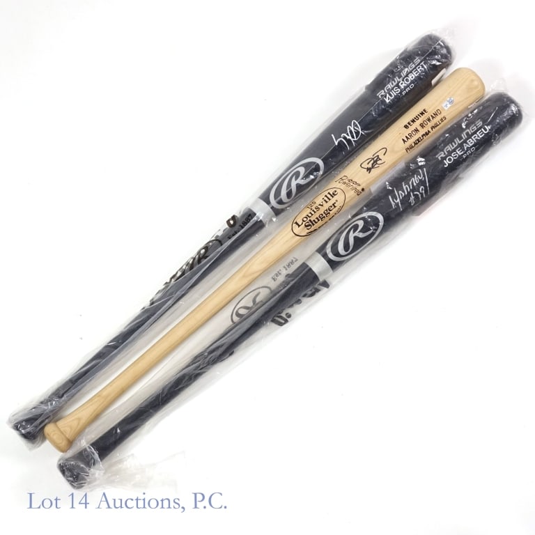 Rowand Robert Abreu Signed Bats W/COA's (3): Three assorted baseball bats each signed by a former Major League player. Included in this assortment are the following: Louisville Slugger Aaron Rowand Philadelphia Phillies model bat signed by