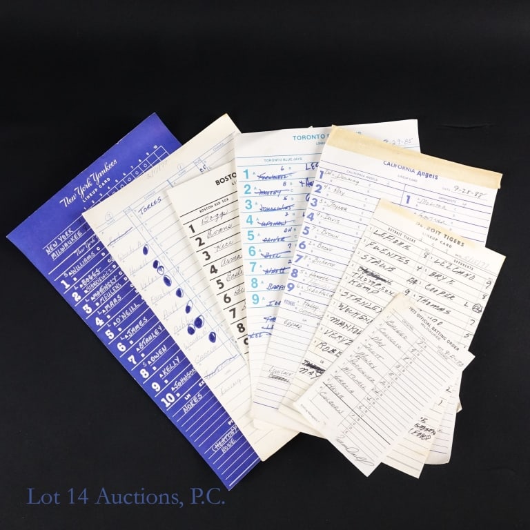 7 Game Used American League MLB Lineup Cards: Assortment of 7 game used lineup cards from various games played against the Milwaukee Brewers. The key piece in this assortment is a Lineup Card from the June 12, 1993, game between the Yankees and B