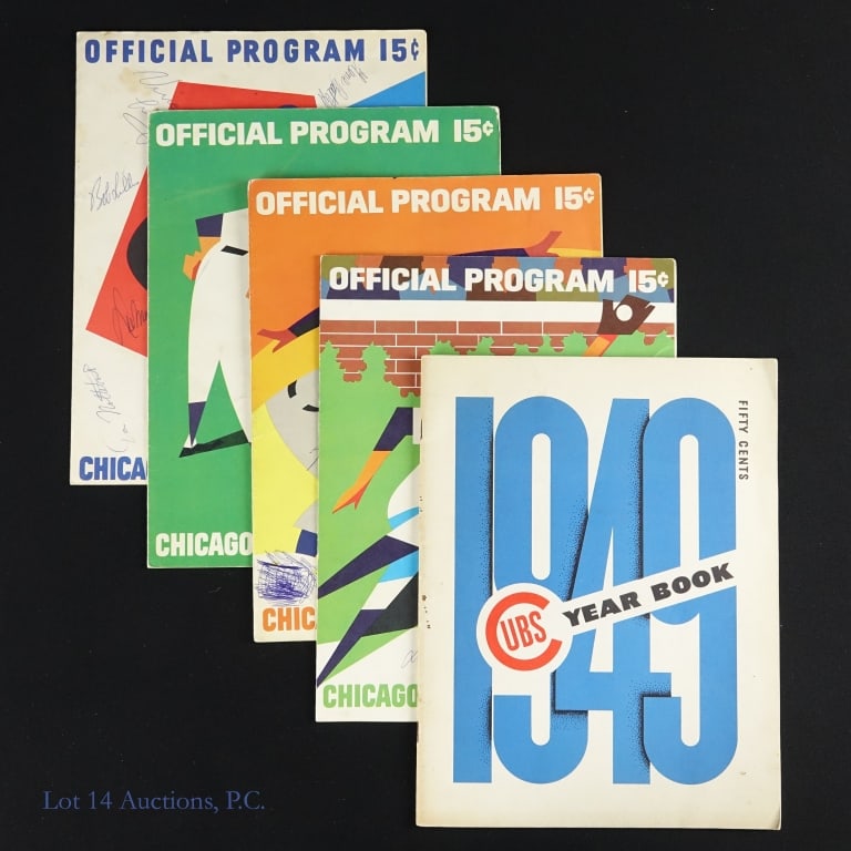 1949 Cubs Years Book & 4 1960's Cubs Programs: 1949 Chicago Cubs Year Book exhibiting some light soiling along the edges as well as some edge and corner wear. The binding remains strong and is firmly holding all inside pages. Also included are
