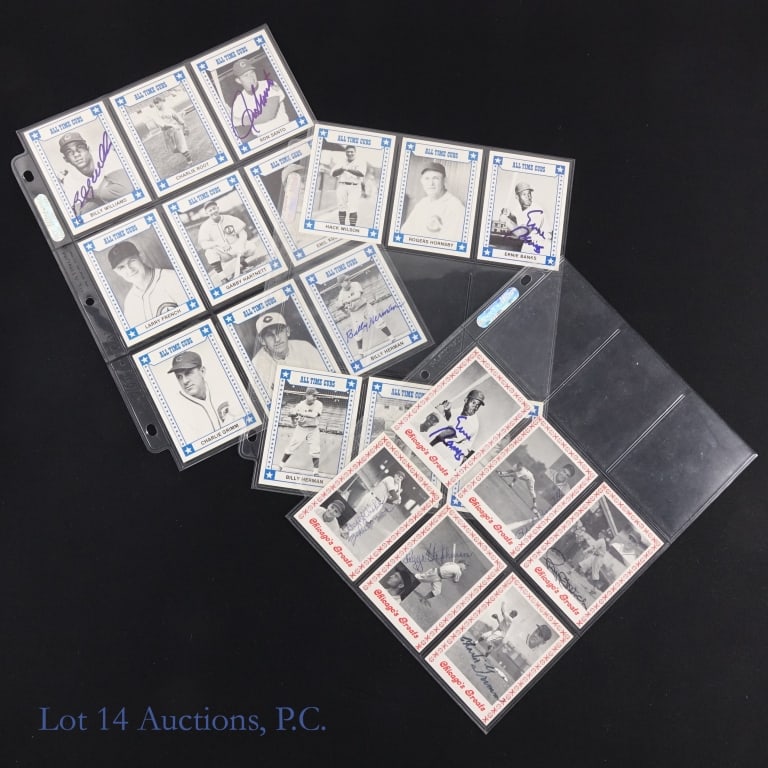 Chicago Cubs Baseball Cards (10 Autos): Complete set of 12 (with some duplicates) of the 1980 TCMA All Time Chicago Cubs baseball card set. Autographs include: Billy Williams, Ran Santo, Billy Herman, Ernie Banks. ***** Seven (7) cards (all