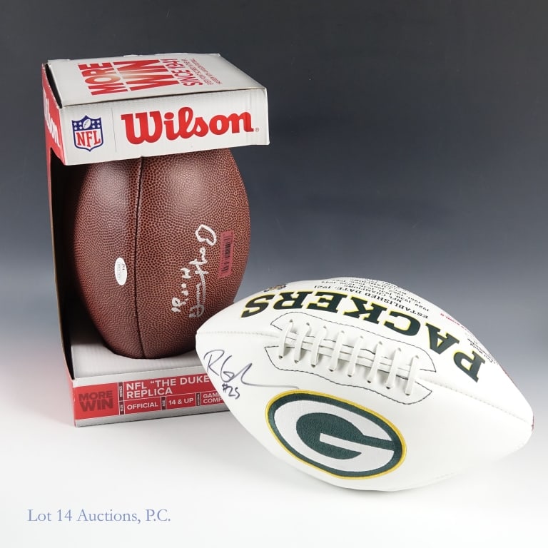 Packers Paul Hornung & Ryan Grant Sgd Footballs: Wilson NFL "The Duke" replica football signed by Paul Hornung. Hornung signed with a silver Sharpie type marker and added the inscription "HOF 86" This signature has a COA from JSA (cert number WP2174
