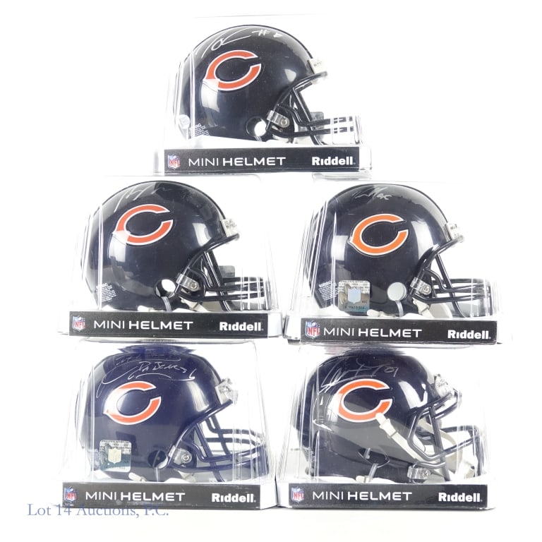 5 Signed Chgo Bears Mini Helmets Unknown Players: Collection of five Riddell mini helmets signed by unknown former Chicago Bears players. All five helmets were signed with a silver marker. All five helmets are being sold "AS IS" with no COA's or
