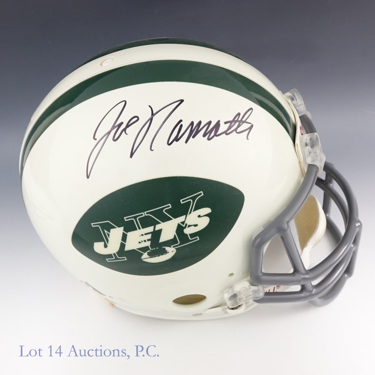 Jets Joe Namath Signed FS Helmet W/COA: Wow, full size New York Jets display helmet signed in black marker by Joe Namath. This helmet has a hologram from Creative Sports, Steiner and an Auction House Letter of Authenticity from JSA.