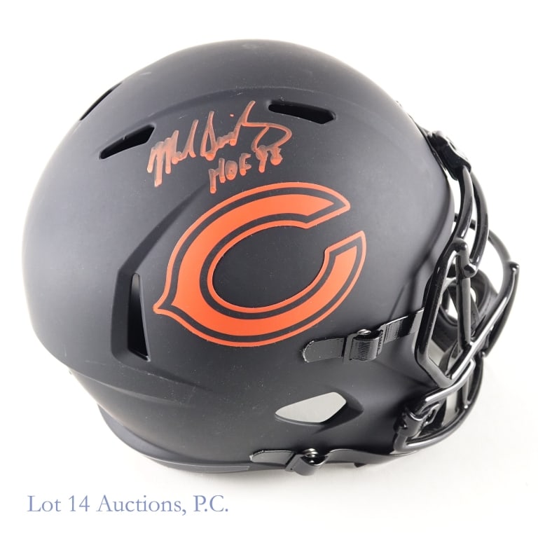 Mike Singletary Sig FS Chi Bears Helmet (Beckett): Riddell full sized replica Chicago Bears helmet. Signed on the right side in orange by Mike Singletary (inscribed "HOF 98"). Beckett witnessed sticker on back of helmet (WM10819). We have verified the