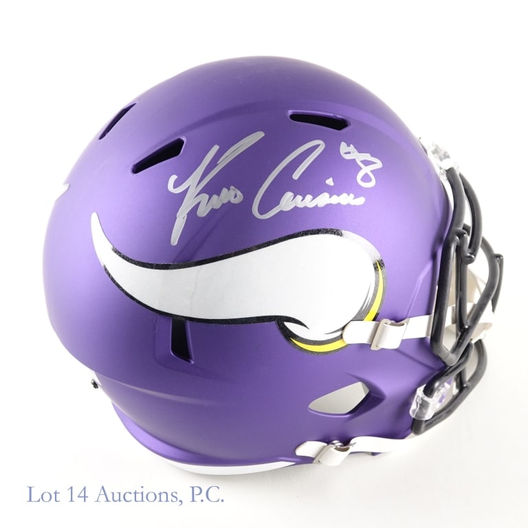Kirk Cousins Sig FS Min Vikings Helmet (Fanatics): Riddell full sized replica Minnesota Vikings helmet. Signed on the right side in silver by Kirk Cousins (inscribed "#8"). Fanatics sticker on back of helmet (GL68083786 Key: RNV). We have verified the