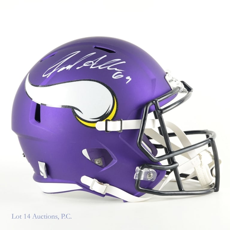 Jared Allen Sig FS Min Vikings Helmet (Beckett): Riddell full sized replica Minnesota Vikings helmet. Signed on the right side in white by Jared Allen (inscribed "69"). Beckett witnessed sticker on back of helmet (W284366). We have verified these nu