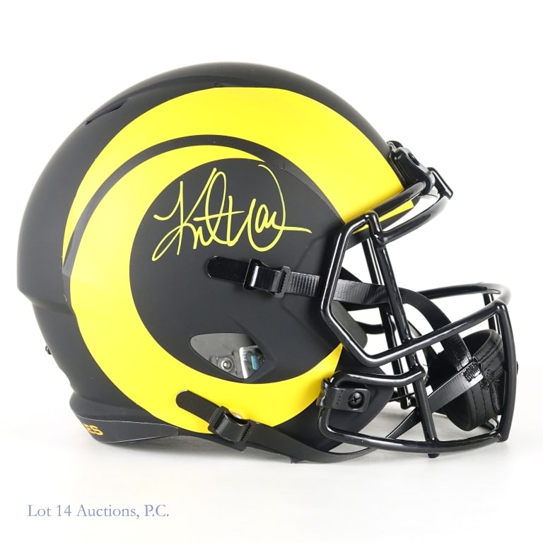 Kurt Warner Sig FS LA Rams Helmet (Beckett): Riddell full sized replica Los Angeles Rams helmet. Signed on the right side in yellow by Kurt Warner. Beckett witnessed sticker on back of helmet (WE54522) with accompanying cert card. We have verifi