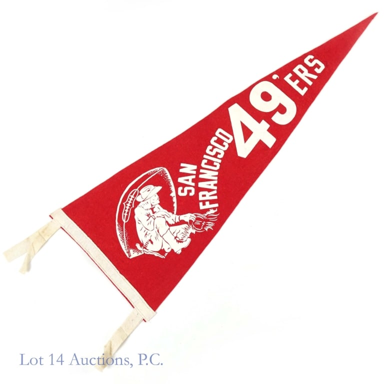 1950s San Francisco 49ers Felt Pennant *: 1950s San Francisco 49ers felt pennant with gold miner at left. Measures 28.25" (length) x 10.25" (hoist). All 4 tassels are intact. Tip appears to have some fuzziness, but otherwise intact. Some pinh