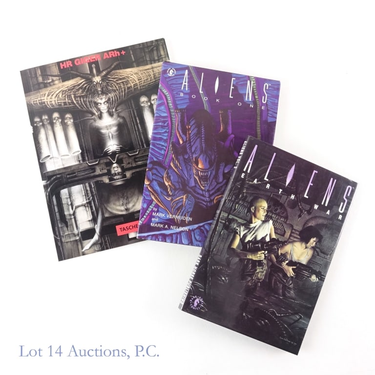 Aliens & HR Giger TPB's, Art, DC (3): Aliens & HR Giger TPB's, Art, DC (3). Collection of three (3) comic and art books including: Aliens Earth War (vol.3) hardcover, signed and numbered by Mark Verheiden and Sam Kieth #1156/1500; Aliens 
