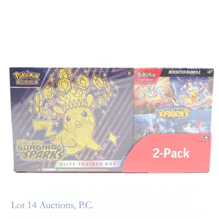NIB Pokemon Costco Surging Sparks 2 Pack: NIB Pokemon Costco Surging Sparks 2 Pack. All items Factory Sealed. Costco Scarlet & Violet Surging Sparks 2 Pack - Elite Trainer Box & Booster Bundle. ETB: 9 Boosters; 1 Full Art Magneton Foil Promo;
