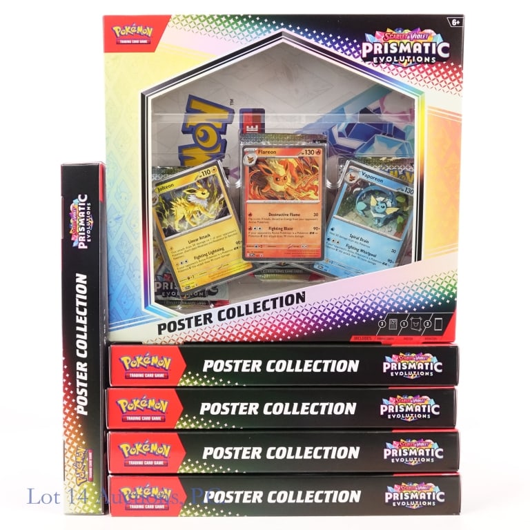 Prismatic Evolutions Poster Coll. Case (6 Boxes): Prismatic Evolutions Poster Coll. Case (6 Boxes). All items Sealed and Authentic. Six (6) factory sealed Pokemon Prismatic Evolutions Poster Collection boxes in original case. Each box contains: 3 foi