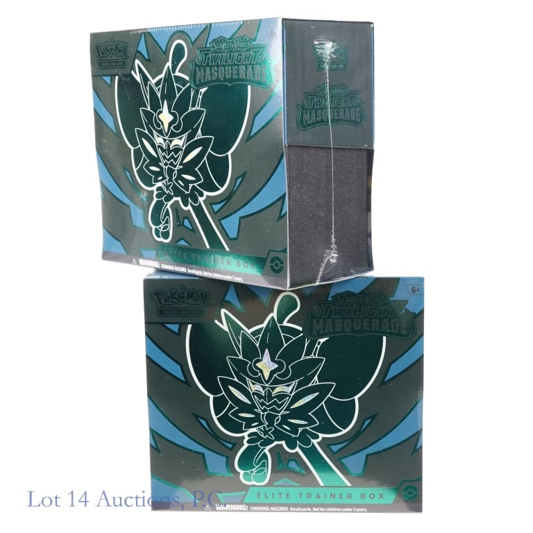 NIB Pokemon Twilight Masquerade ETB's (2): NIB Pokemon Twilight Masquerade ETB's (2). All items Factory Sealed. Lot includes: 2 Scarlet & Violet Twilight Masquerade Elite Trainer Boxes. Per box: 9 Scarlet & Violet Twilight Masquerade Boosters;