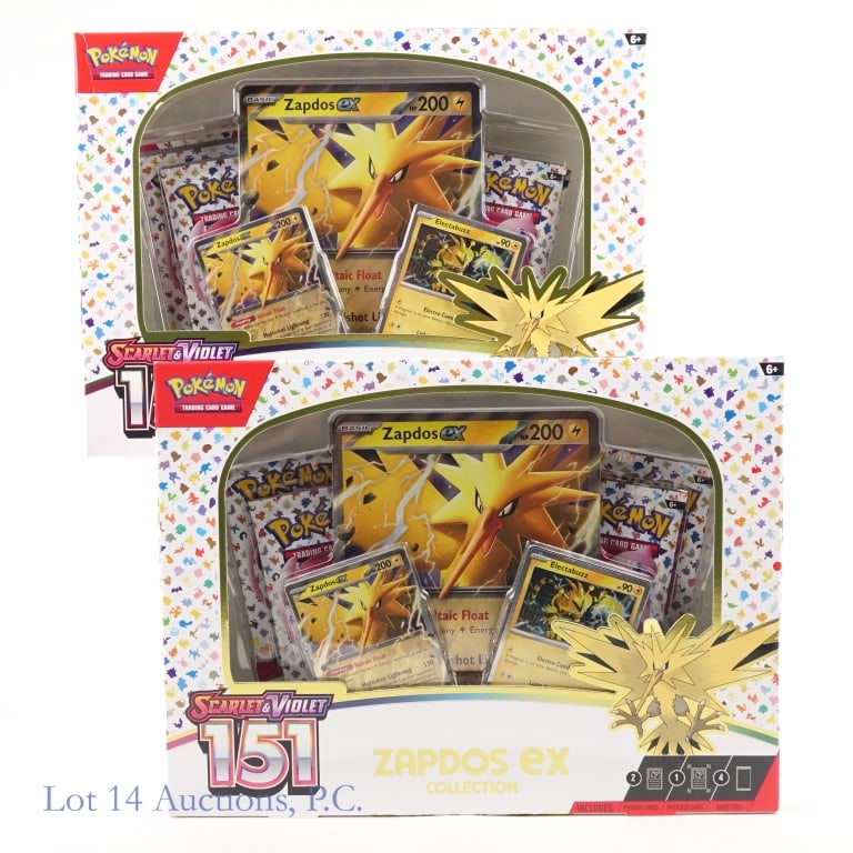 NIB Pokemon S&V 151 Zapdos EX Collection (2): NIB Pokemon S&V 151 Zapdos EX Collection (2). All items Factory Sealed and Authentic. 2 Pokemon Scarlet & Violet 151 Zapdos Ex Collections (Per box - Foil Promo of Zapdos EX, Foil Electabuzz Card; Ove