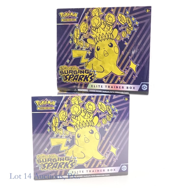 NIB Pokemon Surging Sparks ETB's (2): NIB Pokemon Surging Sparks ETB's (2). All items Factory Sealed. Lot includes: 2 Surging Sparks Elite Trainer Boxes. Per box: 9 Scarlet & Violet Surging Sparks Boosters; 1 Full Art Magneton; 65 Card Sl