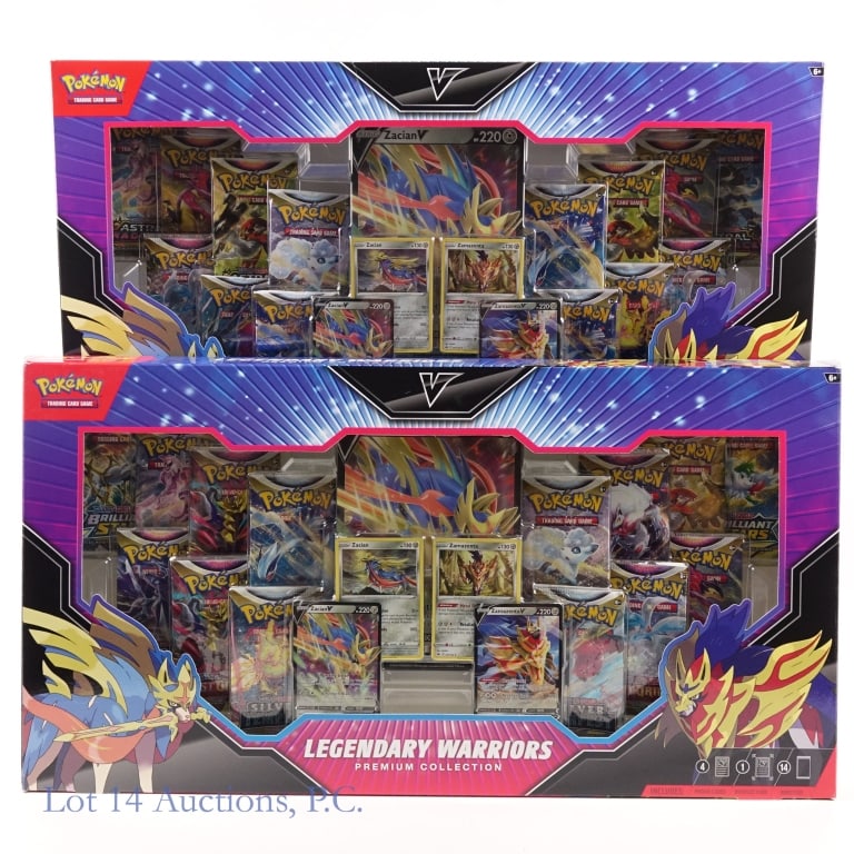 NIB Legendary Warriors Premium Collection (2): NIB Legendary Warriors Premium Collection (2). Factory Sealed and Authentic. 2 Pokemon Legendary Warriors Premium Collections. Per box: Foil Cards of Zacian V, Zamazenta V, Zacian and Zamazenta ; Over