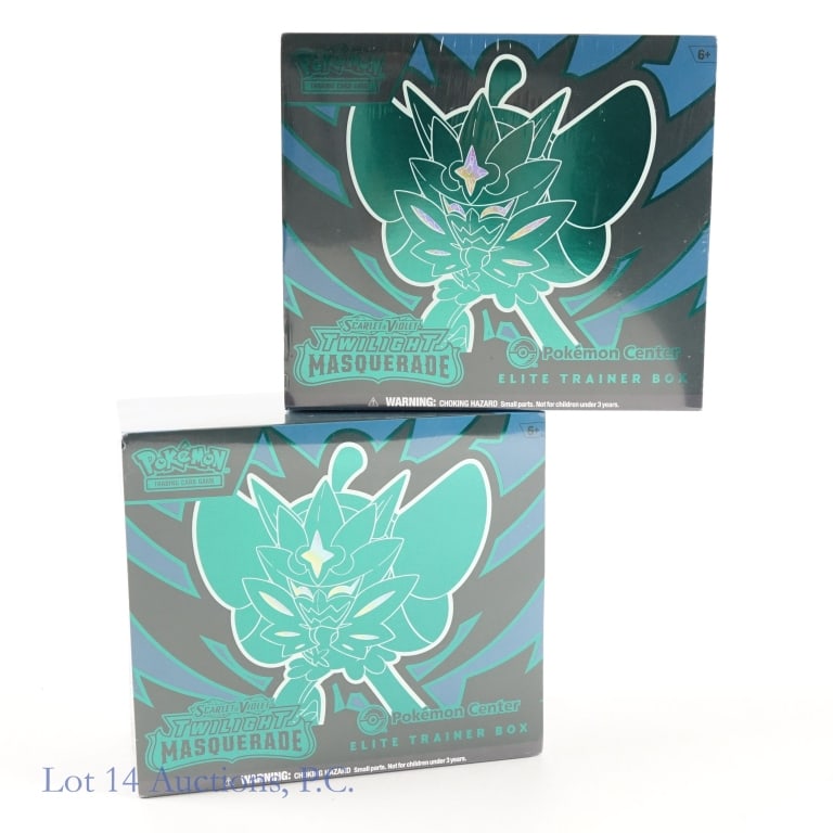 NIB Pokemon Center Twilight Masquerade ETB's (2): NIB Pokemon Center Twilight Masquerade ETB's (2). All items Factory Sealed. Lot includes: 2 Pokemon Center Scarlet & Violet Twilight Masquerade Elite Trainer Boxes. Per box: 11 Scarlet & Violet Twilig