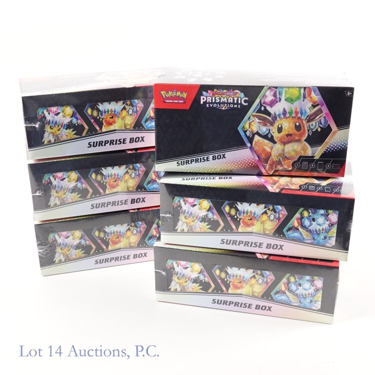 NIB Pokemon Prismatic Evolution Surprise Boxes (6): NIB Pokemon Prismatic Evolution Surprise Boxes (6). All items Factory Sealed. Lot includes: 6 Scarlet & Violet Prismatic Evolutions Surprise Boxes. Per box: 1 Promo Card; 4 Boosters (10 Card + 1 Energ