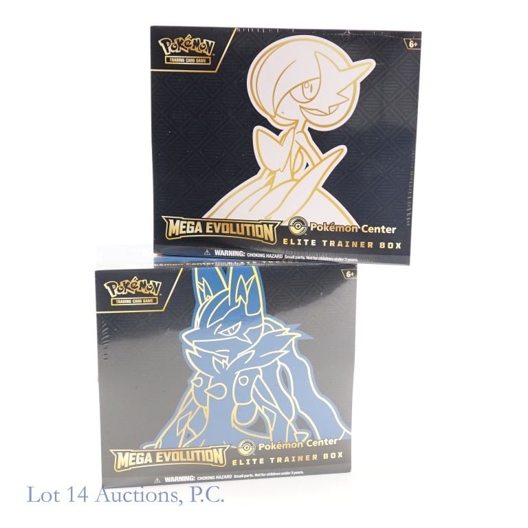 NIB Pokemon Center Mega Evolution ETB's (2): NIB Pokemon Center Mega Evolution ETB's (2). All items Factory Sealed. Lot includes: 2 Pokemon Center Mega Evolution Elite Trainer Boxes. Riolu box: 11 Mega Evolution Boosters; 1 Full Art Riolu with p