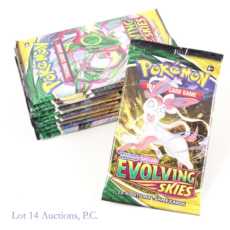 NIB Pokemon Evolving Skies Boosters (11): NIB Pokemon Evolving Skies Boosters (11). All items Factory Sealed. Lot includes: 11 Sword & Shield Evolving Skies Booster Packs. Items show minor to no shelf wear. See photos for more details on cond