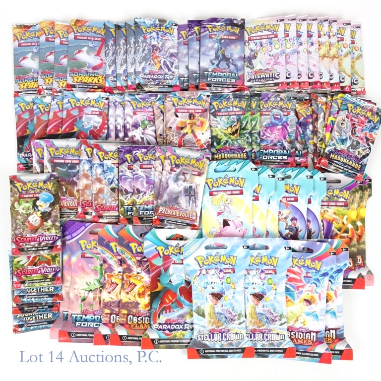 NIP Pokemon S&V Sleeved & Unsleeved Boosters (68): NIP Pokemon S&V Sleeved & Unsleeved Boosters (68). All items Factory Sealed and Authentic. Large collection of Sleeved and Unsleeved Scarlet & Violet Booster Packs. Sleeved: 4 Stellar Crown; 4 Obsidia
