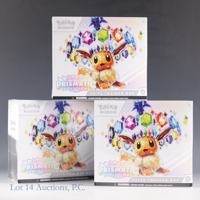 NIB Pokemon S&V Prismatic Evolution ETB's (3): NIB Pokemon S&V Prismatic Evolution ETB's (3). All items Factory Sealed and Authentic. Three (3) Scarlet & Violet Prismatic Evolutions Elite Trainer Boxes. Each box: 9 Boosters; Full Art Evee Foil Pro