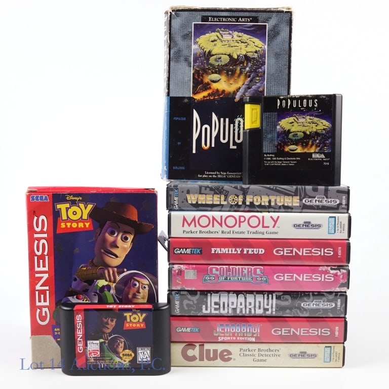 Sega Genesis Games Complete In Boxes (9): Nine (9) Sega Genesis games complete in original boxes with manuals - Disney's Toy Story, Populous, Clue, Jeopardy! Sports Edition, Family Feud, Monopoly, Wheel Of Fortune, Jeopardy!, and Soldiers Of 