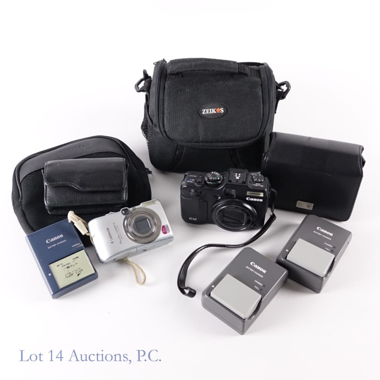 Canon G12 Compact Camera, Accessories & SD890 IS: Canon PowerShot G12 compact camera with manuals, 2 chargers, 3 batteries, original leather case and Zeikos shoulder camera bag *** Canon SD890 IS compact camera with charger, manual, and leather case.