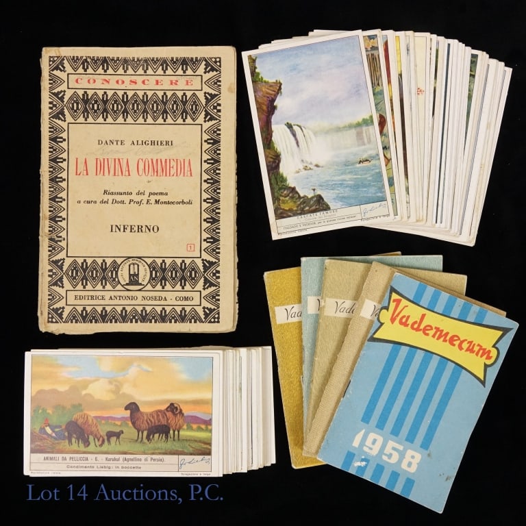 Vintage Italian Ephemera, Liebig Cards, More: Liebig Vintage Italian trading cards, two full six (6) card sets and seventy four (74) miscellaneous cards. Believed to be early 20th or possibly late 19th century. *** Five (5) Vademecum Italian