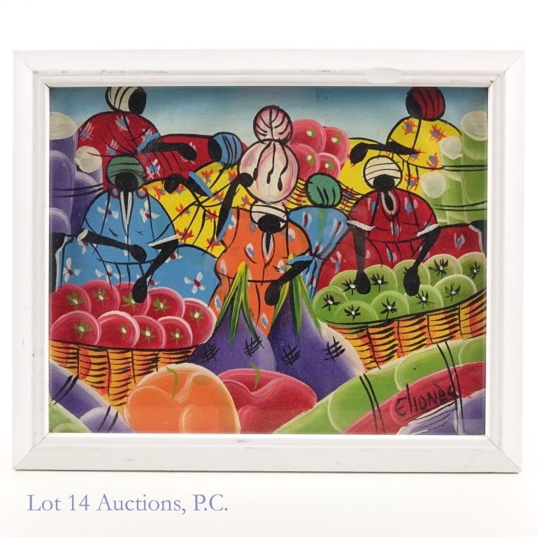 Haitian Folk Art Framed Painting By Eliones: Haitian folk art painting in a white wooden frame. Signed by Eliones. Frame measures approximately 11.25" X 9.25".