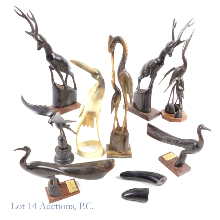 Hand Carved Buffalo Horn Animal Figures (8): Eight (8) hand carved buffalo horn animal figures. Approximate height between 6" and 13". Lot also includes two (2) buffalo horn tips. See photos for details