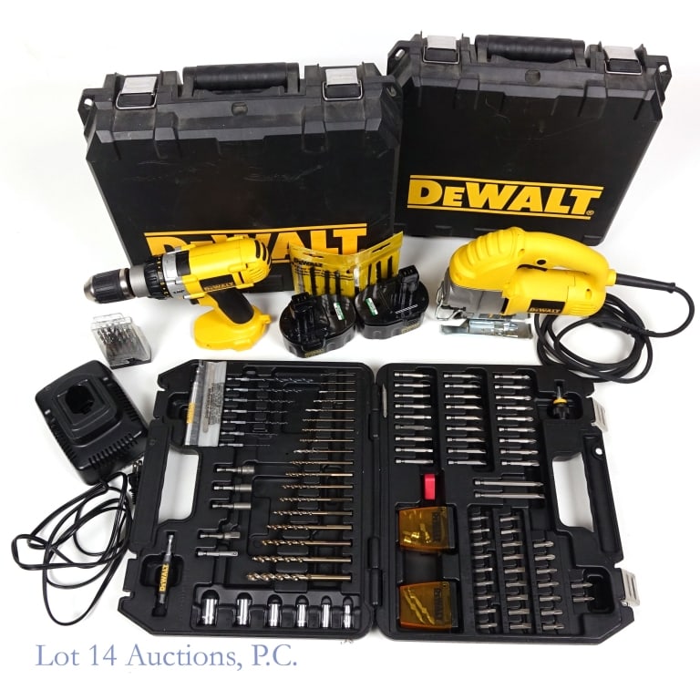 DeWalt 14.4V Cordless Drill, Corded Jigsaw, Bits: DeWalt XRP DW983 K-2 Drill / Driver with two batteries and charger. Batteries, charger and drill all tested and working. With instructions and original case. DeWalt DW317K Corded jigsaw with 8 DeWalt 