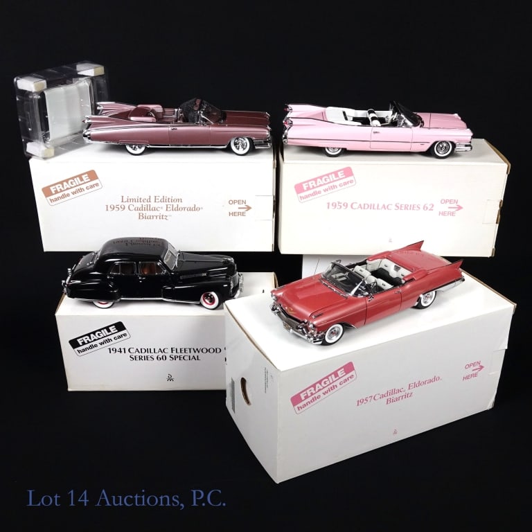 1/24 Scale Danbury Mint Cadillac Models (4): The Danbury Mint is known for making high quality die cast replicas of classic cars. This is an assortment of four different 1/24 scale Cadillacs from The Danbury Mint. Models included are a 1941 Cadi